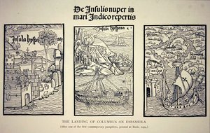 Columbus landgang på Espaniola efter en samtidig pjece udgivet i Basel i 1494 (litho) af School English