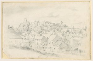 Tutbury - By, Kirke og Slot: blyantstegning, nd [?1800-tallet] (tegning) af School English