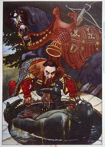 Knight møder et monster, der dukker op fra en brønd
