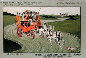Annonce for cigaretmærket Exibard, der forestiller en postvogn og angiver, at tobak og cigaretter er effektive mod astma (farve litho) af School French