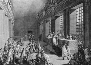 Dage med 18 og 19 tåge An VIII (9. og 10. november 1799): Bonapartes statskup i kammeret for rådet for fem cents (fem cents) (værelse med 500 cent), som væltede direktionen, tog magten og blev navngivet Første konsul. Paris, Instituttets bibliotek af School French