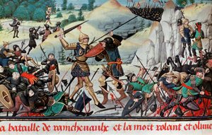 Ridderen Roland, nevø af Karl den Store, døde i slaget ved Roncevaux (778) mellem Charlemagnes og saracenernes hær. Miniature. Paris B.N.