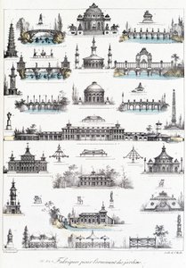 Facade af forskellige bygninger dedikeret til fremstilling af havepynt. af School French