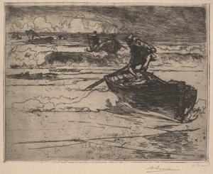 Fishermen fleeing the storm (etching) af School French