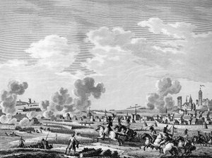 Fransk revolution og ankomsten af kontrarevolutionære kræfter: de franske revolutionæres sejr i Jemmapes den 6. november 1792 over den østrigske hær i Belgien. Paris, bibliotek for Institut for Revolutionshistorie af School French