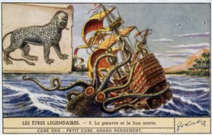 Legendariske væsener - blæksprutte og søløve - chromo Liebig farve. af School French