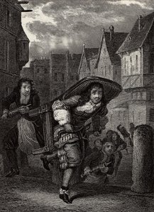 "" Monsieur de Pourceaugnac""" Gravering fra "" værker" af den engelske forfatter Moliere - Scene fra skuespillet "" Monsieur de Pourceaugnac"" af Jean-Baptiste Poquelin dit Moliere (Jean Baptiste Poquelin
