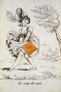 Gammelt kort at spille: diamant-es - "" Vindstødet""" løfter en kvindes nederdel. Musée de la Carte à Joucher, Issy-les-Moulineaux. af School French
