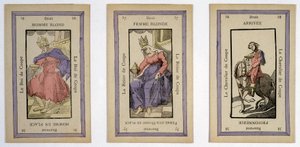 Gamle kort til at spille med kongen (blond mand), dronningen (blond kvinde) og rytter (afslutnings) cuppen. Musée de la Carte à Jouer, Issy-les-Moulineaux. af School French