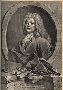 Portræt af Nicolas de Largillierre (Largillier) (1656-1746) Fransk malergravering af Dupuis efter maleriet af Gueuslain af School French