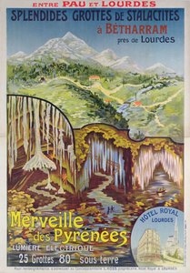 Plakat, der reklamerer for Betharram-hulerne, Pyrenæernes vidundere, mellem Pau og Lourdes, ca. 1900 (farve litho) af School French