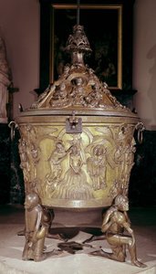 Døbefont, der viser et reliefpanel af Kristi dåb, understøttet af fire knælende figurer, der repræsenterer paradisets floder, tysk, ca. 1225-30 (bronze)