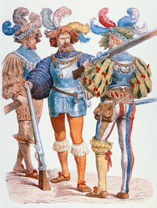 Tyske soldater fra det 16. århundrede, bevæbnet med matchlock-musketter (farvegravering)