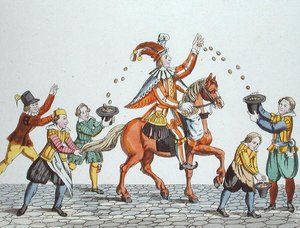 Gøgler på en kastanjehest, der kaster mad til børn, fra 