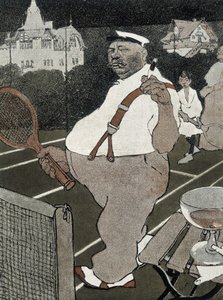 Tennis: tyk mand, ryger og drikker alkohol, spiller tennis - tysk tegneserie