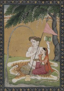 Shiva og Parvati på tigerskind, ca. 1800 (akvarel med guld og sølv) af School Guler
