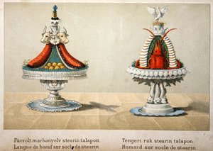Design til præsentation af oksetunge på en seng af stearin og til hummer, illustration fra en ungarsk kogebog om fransk madlavning, ca. 1880 (farve litho) af School Hungarian