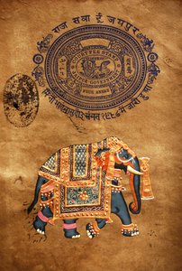 Elefant, håndlavet maleri og gammelt stempelpapir, Jaipur, Rajasthan, Indien af School Indian