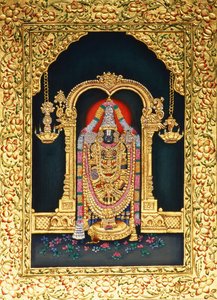 Gud Tirupati Balaji i miniaturepantning på papir med guldprægning af School Indian