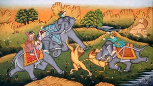Jagt på tigre på miniaturemaleri på papir af School Indian