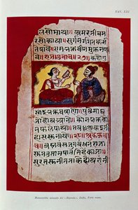 Illustration, der viser en Rigveda-manuskriptside (farve litho)