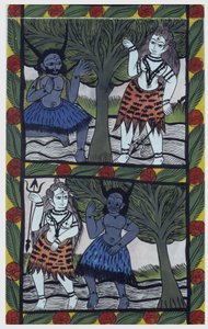 Kama, begærets gud, sender en kærlighedspil til Shiva i meditation for at forene sig med Parvati. Pat: malet rulle fra Bengal-regionen, der tjener som et fortællende medium for sangerne Baoul (Baul). Leonard de Selva privat samling.