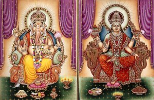 Lord Ganesh Ganpati Gudinde og Lakshmi Miniaturemaleri på elfenben af School Indian