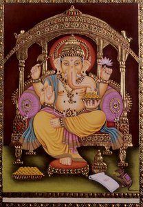 Lord Ganesh Ganpati Miniaturemaleri på papir med guldprægning af School Indian