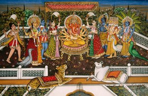 Lord Ganesh Ganpati med Brahma, Vishnu, Shiva, Durga, Miniaturemaleri på papir af School Indian