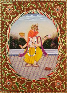 Lord Ganesha Ganpati Miniaturemaleri på papir med broderi af School Indian