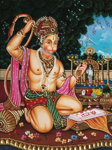 Lord Hanuman Miniaturemaleri på papir af School Indian