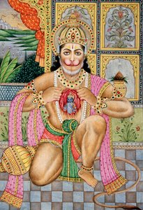 Lord Hanuman Miniaturemaleri på papir af School Indian
