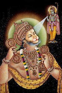 Lord Hanuman og Rama Miniaturemaleri på papir af School Indian