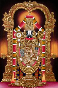 Lord Thirupati Balaji Miniaturemaleri på papir med guldprægning af School Indian