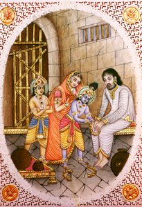 Miniature elfenbensmaleri af Krishna Balram og Devaki Vasudeva af School Indian