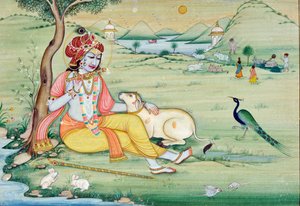 Miniaturemaleri af Krishna, der spiller fløjte af School Indian