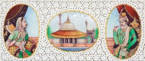 Miniaturemaleri af mogulkejser Humayun med hustruen Jhanvi af School Indian