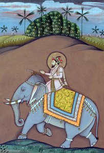 Miniaturemaleri af mogulkejseren Shah Jahan siddende på en elefant af School Indian