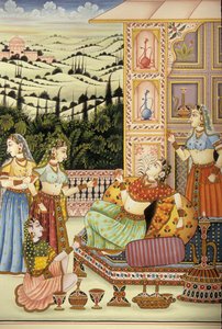Miniaturemaleri af mogul-dame, der nyder en drink, Indien af School Indian