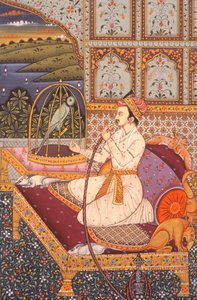 Miniaturemaleri af mogulprins, der nyder hooka, Indien af School Indian