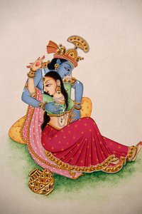 Miniaturemaleri på papir Radha Krishna af School Indian