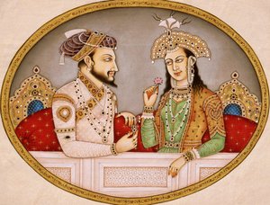 Portræt af mogulkejseren Shahjahan med dronning Mumtaz Mahal, Indien