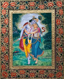 Radha Krishna Miniaturemaleri på papir af School Indian