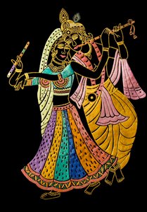 Radha Krishna-miniaturemaleri på fløjl af School Indian