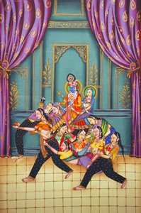Radha Krishna med Sakhis Miniaturemaleri på papir af School Indian