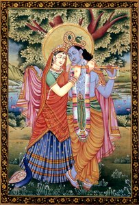Radha og Krishna kærlighedsscene Miniaturemaleri på papir af School Indian
