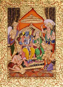 Ram Darbar i miniaturemaleri på papir med guldprægning af School Indian