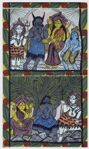 Shiva giver liv til Ganesha (Ganesh eller Ganapati), i armene på sin mor Parvati, efter at have skåret hendes hoved til en arm af vrede. Pat: malet rulle fra Bengal-regionen, der tjener som et fortællende medium for musikerne Baoul (eller baul). Leonard de