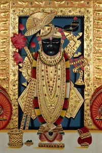 Shri Lord Shree Nathji eller Shreenathji i Nathdwara Miniaturemaleri på papir med guldprægning