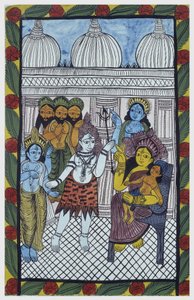 Guderne kommer for at beundre Krishna, legemliggjort i kroppen af et smukt barn, Ganesha (Ganesh eller Ganapati), der sidder på knæene af sin mor Parvati. Pat: malet rulle fra Bengal-regionen, der tjener som et fortællende medium for sangerne Baoul (Baul). af School Indian